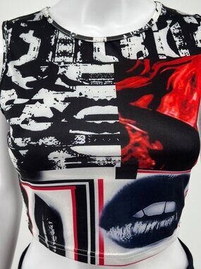 Shein Women's Y2K Aesthetic Patchwork Lips Print Stretch Cropped Tank Top (S)
